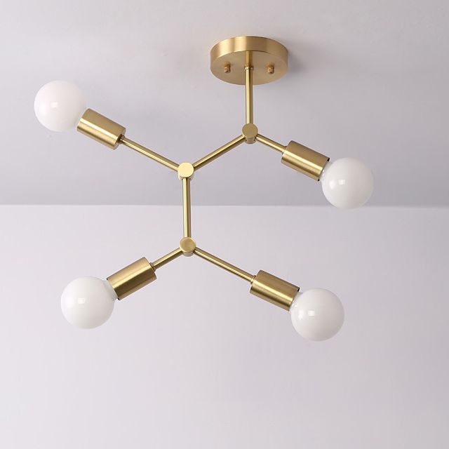 Metal Exposed Bulb Semi Flush Mount Light Loft Bedroom Ceiling Mount Light Fixture in Gold