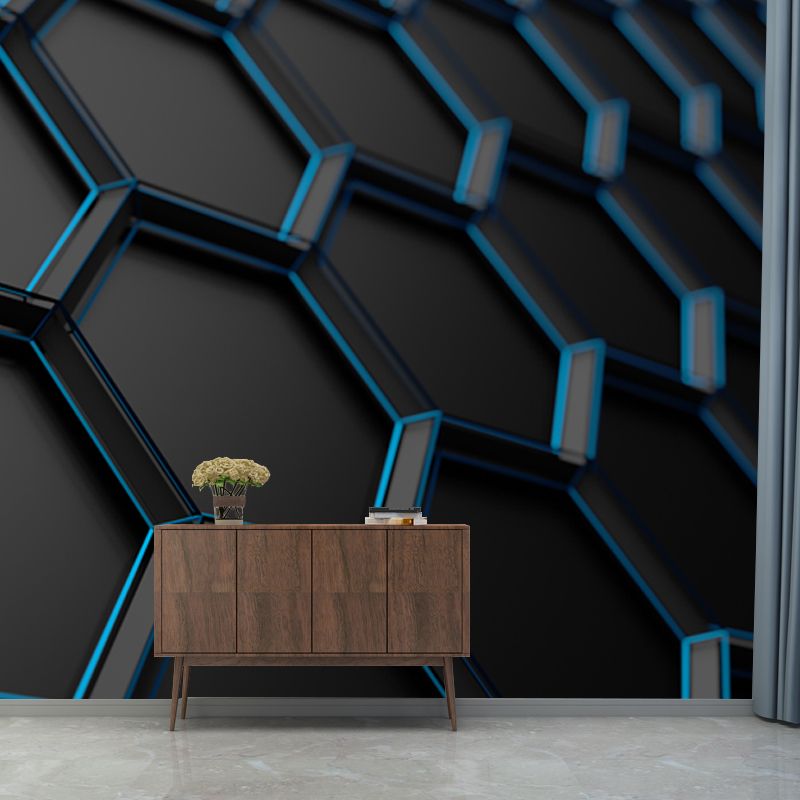 Black Honeycomb Metal Wallpaper Mural 3D Stain Resistant Wall Covering for Bedroom