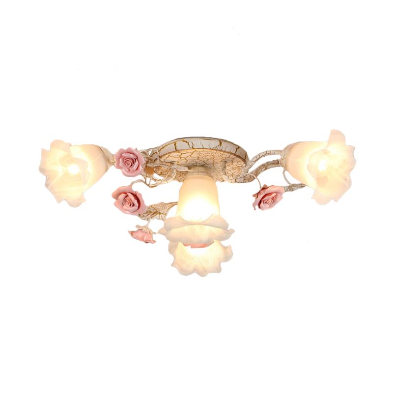 4/6/7-Head Semi Flush Mount Korean Garden Living Room Ceiling Flush Light with Floral Frosted White Glass Shade