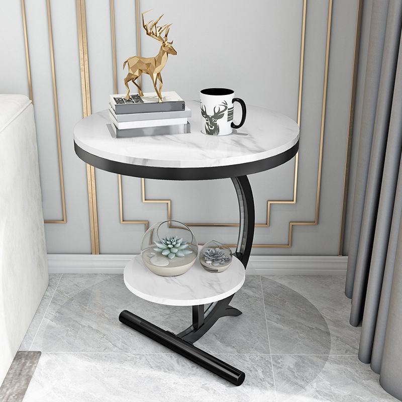 Pedestal End Table Contemporary Style 23.62" Faux Marble/ Stone Top Side Table with Shelf