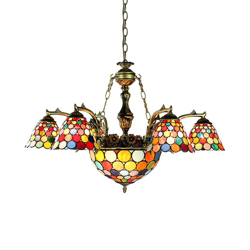 Tiffany Flared Chandelier 11-Light Stained Glass Hanging Ceiling Light in Antique Bronze with Geometric/Dragonfly/Sunflower Pattern