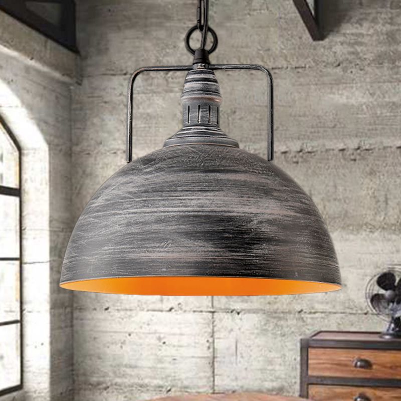 Aged Silver Domed Pendant Lamp Industrial Metal 1 Light Dining Table Hanging Light, 12"/16" Width