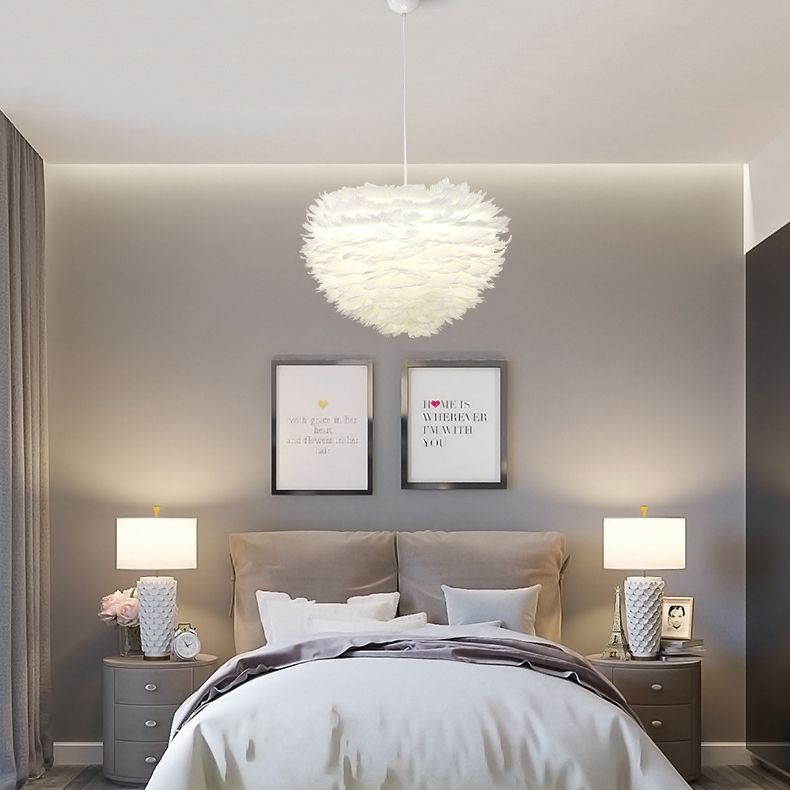 White Feather Pendant Light in Modern Luxury Style Wrought Iron Sphere Chandelier for Bedroom