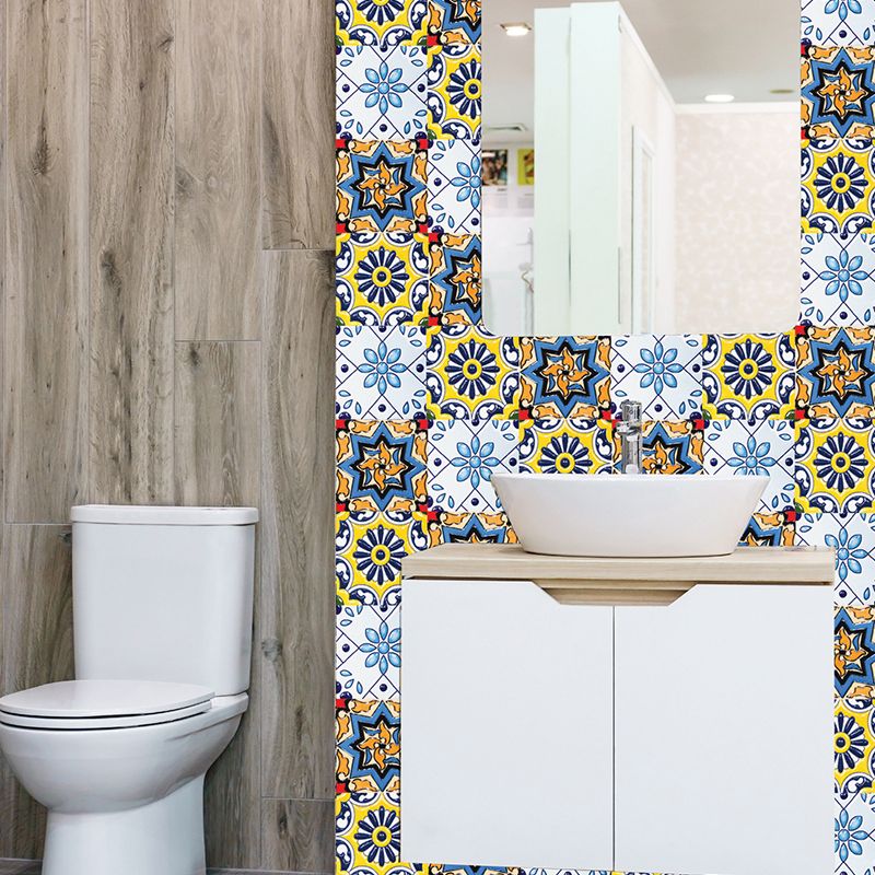 Adhesive Bohemian Floral Wallpapers Blue Mosaic Tiles Wall Covering for Accent Wall