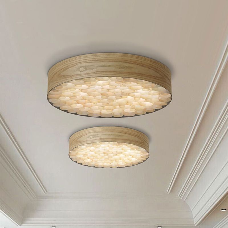 Contemporary Chinese Single Light Ceiling Lamp with Wood Shade Beige Round Flush Mount Light Fixture for Living Room