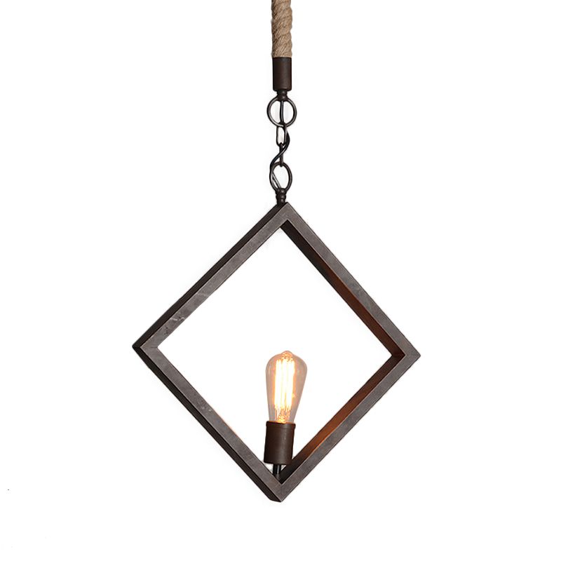 Black Frame Squared Ceiling Lighting Antique Style Metal 1 Light Indoor Ceiling Fixture with Rope