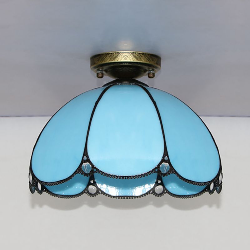 Vintage Scalloped Flush Light Stained Glass 1 Light Flush Mount Light in White/Beige/Blue/Clear/Blue and Clear for Living Room