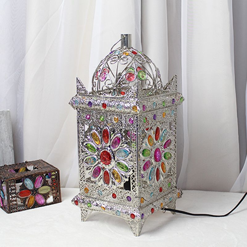 Lantern Bedroom Night Table Light Bohemian Metal 1 Light Silver/White/Bronze Nightstand Lighting