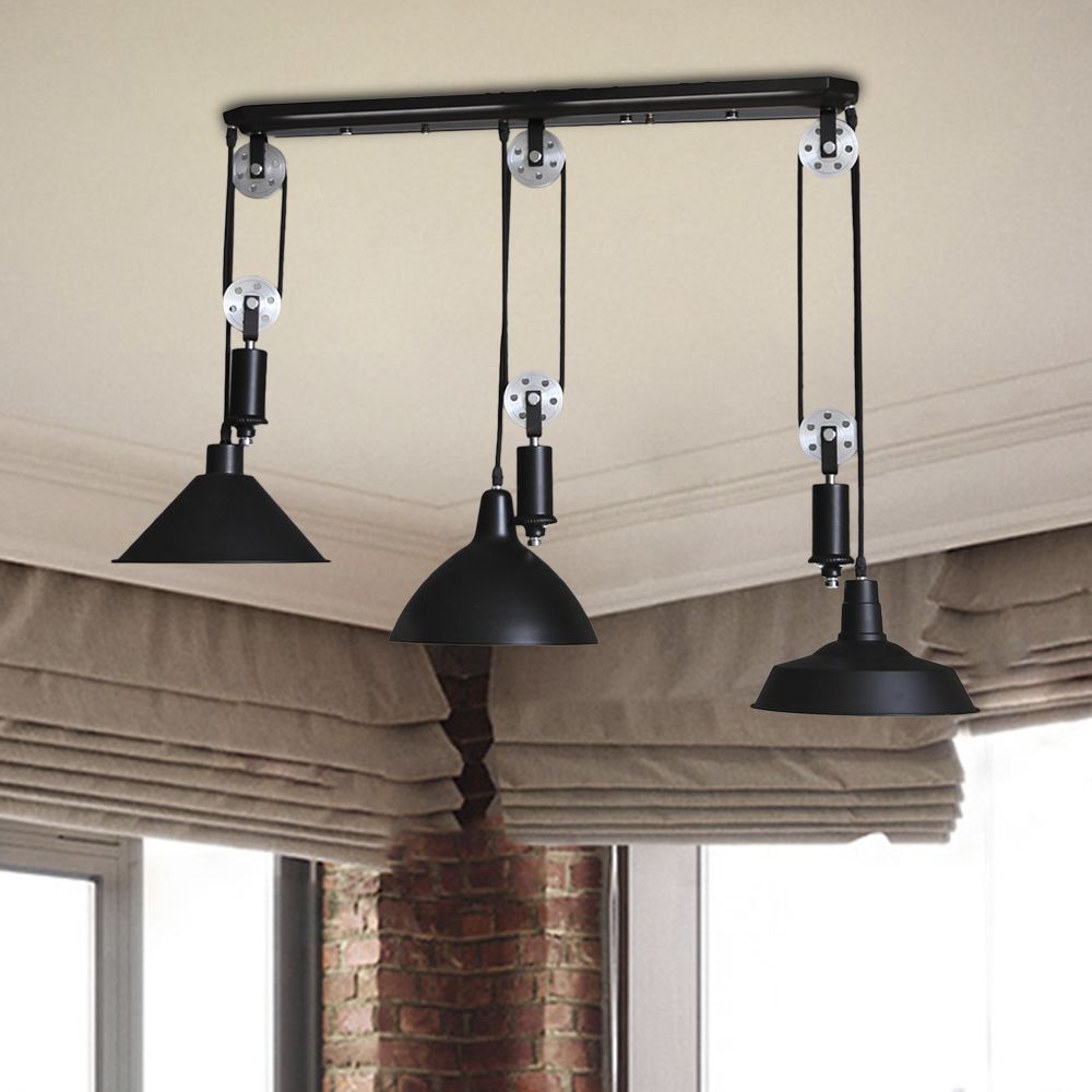 3 Lights Pendant Lighting with Different Shade and Pulley Design Metal Industrial Indoor Hanging Light Fixture in Black