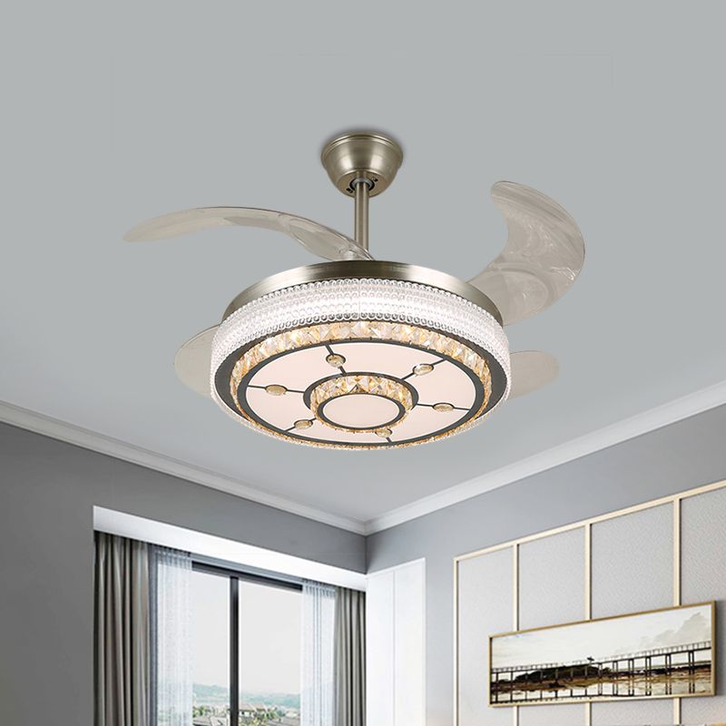 19" Wide Round Parlor Pendant Fan Lamp Modern Clear Crystal Blocks Stainless-Steel LED Semi Flush