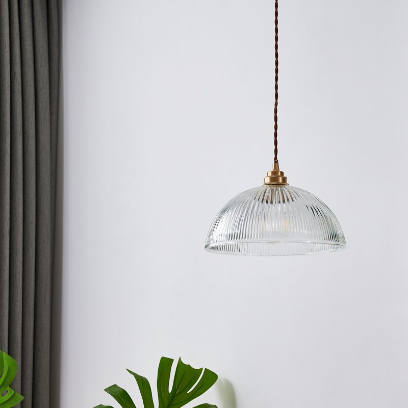 Bowl Ribbed Glass Shaded Pendant Light Simplicity Brass Mini Hanging Lamp for Dining Room