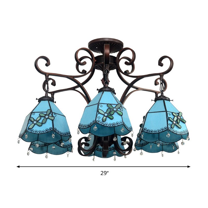 Flower Hanging Chandelier Baroque Hand Cut Glass 6 Lights Blue/Textured Silver Ceiling Lamp for Living Room