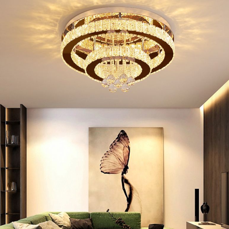 Stainless Steel Round Ceiling Light Contemporary Crystal Semi Flush Mount LED Light