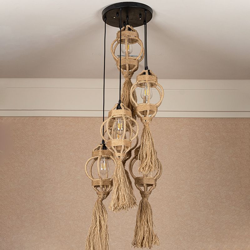 Hand-Made Lantern Kitchen Ceiling Light Farmhouse Hemp Rope 3/6-Head Brown Cluster Pendant with Round/Linear Canopy