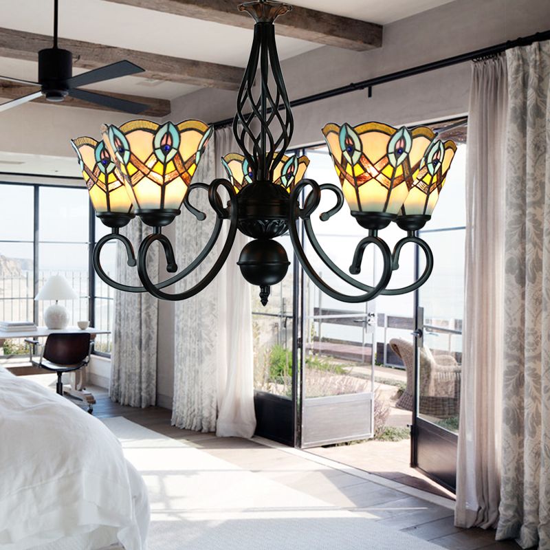 5 Lights Peacock Ceiling Pendant with Cone Shade Loft Style Stained Glass Chandelier for Bedroom