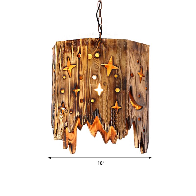 Vintage Cylinder Hanging Ceiling Light 1 Light Wood Pendant Lighting in Bronze with Etched Star