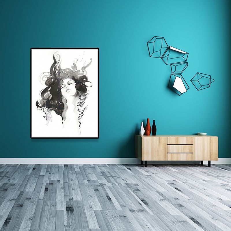 Black Curly Girl Canvas Art Figure Painting Minimalist Textured Wall Decor for Home