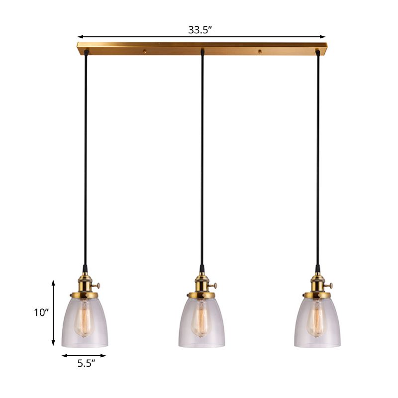 3-Light Multi Pendant Tapered Clear Glass Industrial Dining Room Hanging Light Fixture in Aged Brass