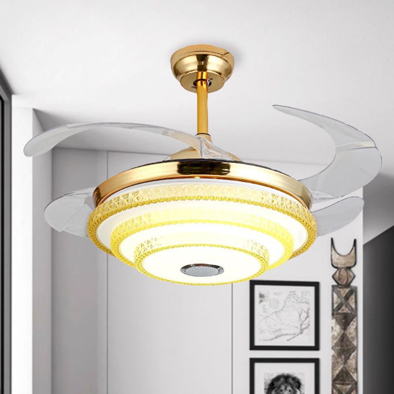 Tapered Crystal Encrusted Fan Light Modern LED Gold Semi Mount Lamp with Bluetooth Speaker and Remote Control/Wall Control/Frequency Conversion