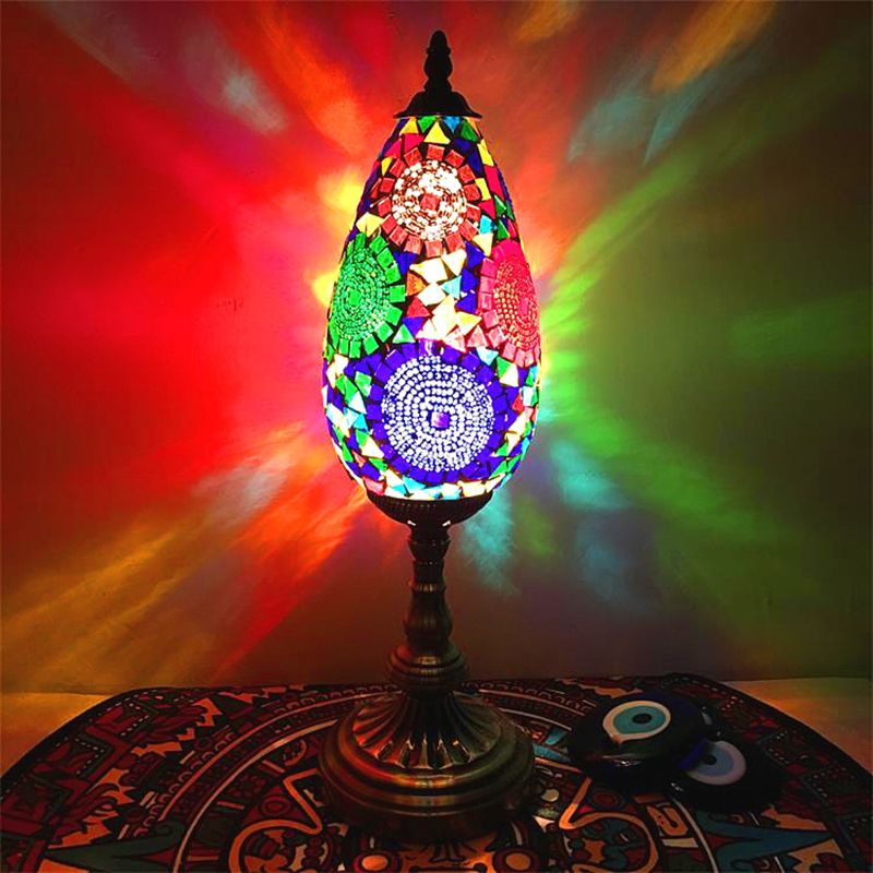 Orange/Red 1 Bulb Table Light Antique Stained Art Glass Teardrop Plug In Nightstand Lamp for Living Room