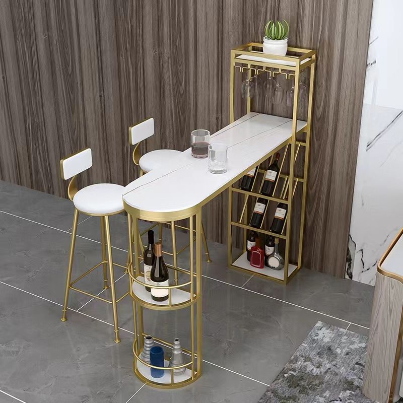 Contemporary Bistro Accent Dining Table Stone and Metal Bar Table with Wine Rack