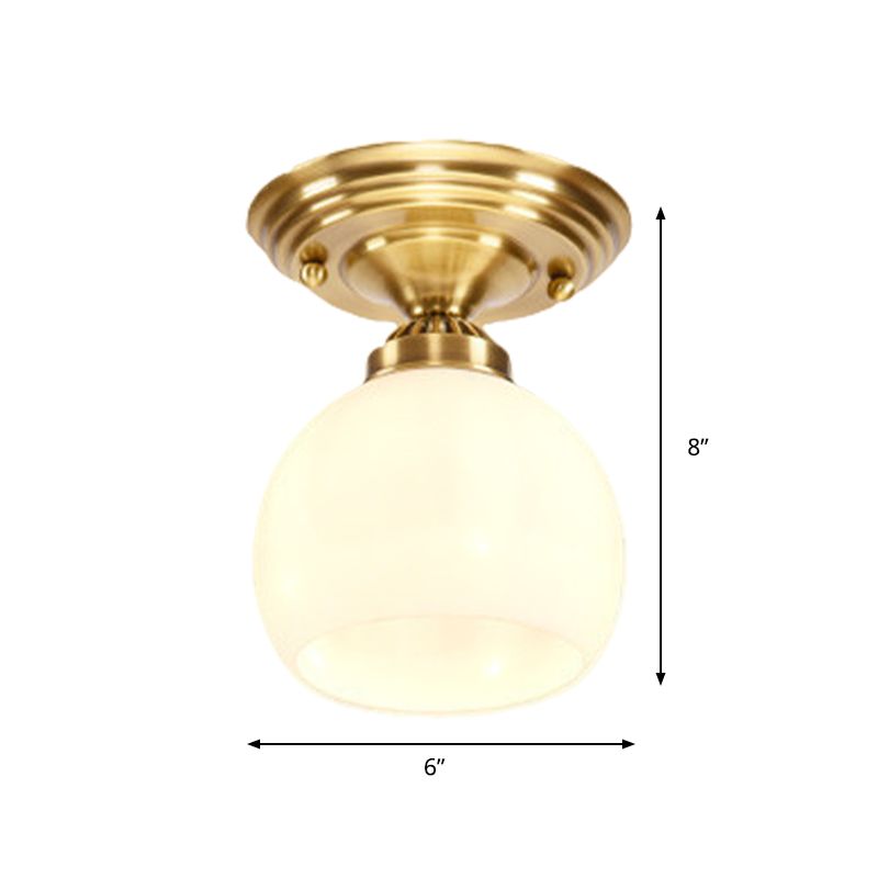 Globe / Cone White Glass Flush Mount Lamp Classic 1 Light Corridor Ceiling Lighting in Brass