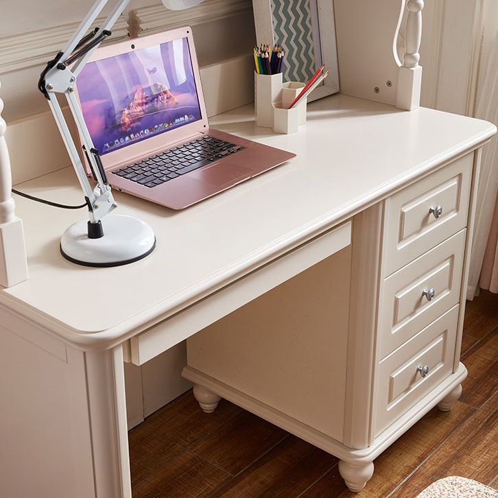 White Writing Desk with 3 Storage Drawer and Bookshelf in Solid Wood