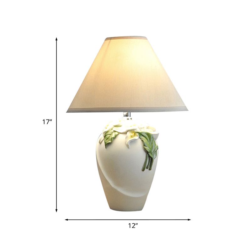 Resin Calla Lily Table Light Country 1-Bulb Bedside Nightstand Lamp in White with Cone Fabric Shade