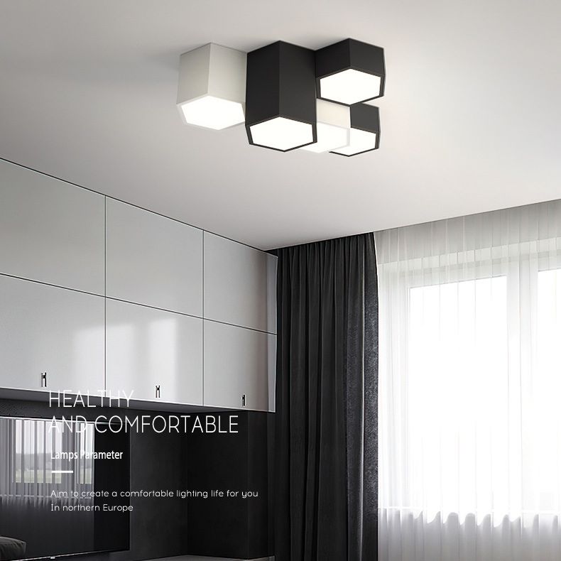 Acrylic Geometric LED Flush Mount in Modern Simplicity Wrought Iron Ceiling Light in Black and White