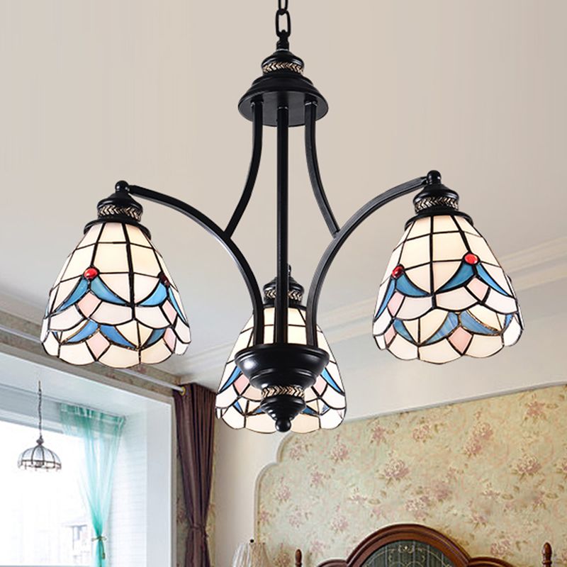 Scrolling Arm Stained Glass Chandelier Mediterranean 3/5/8 Lights Black Suspension Lighting Fixture