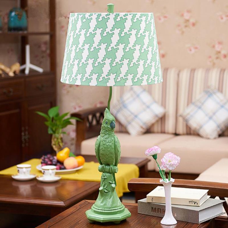 Modernism LED Desk Light with Fabric Shade Green/White Cone Small Desk Lamp with Bird Base