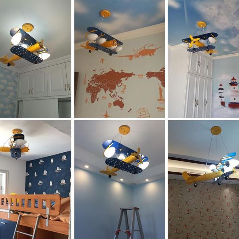 Airplane Pendant Lighting Fixtures Cartoon Glass and Metal Hanging Pendant for Children Bedroom