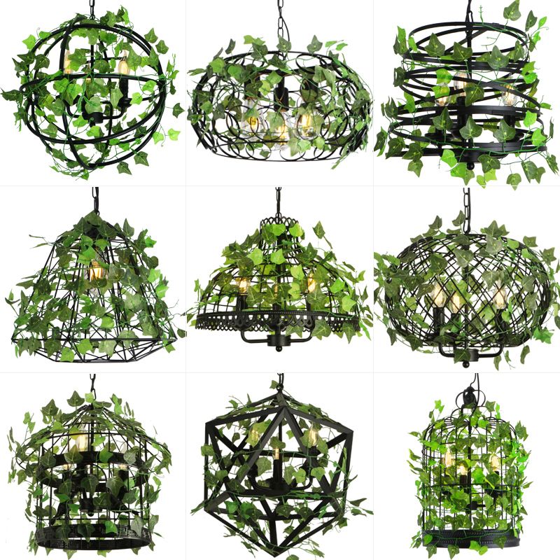 3-Light Iron Ceiling Chandelier Industrial Green Fake Plant and Cage Restaurant Pendant Lamp