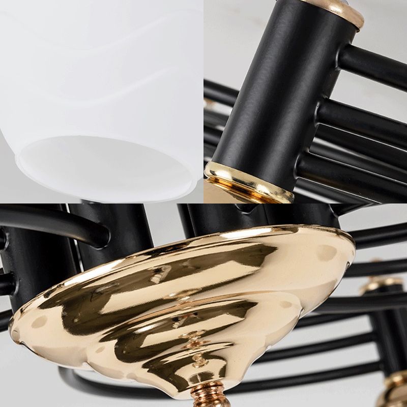 Black 3/6/8 Heads Semi-Flush Mount Vintage Style White Glass Swirl Arm Design Ceiling Light Fixture