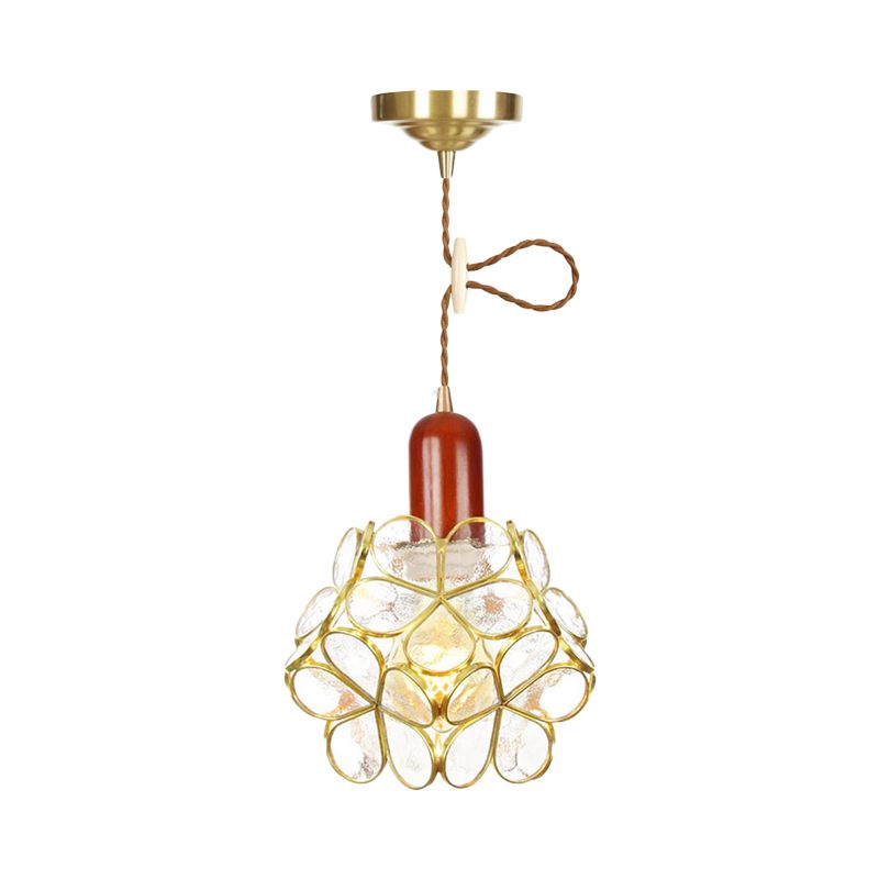 Flower Clear Water Glass Pendant Traditional 1 Bulb Bedroom Ceiling Suspension Lamp in Gold with Wood Top