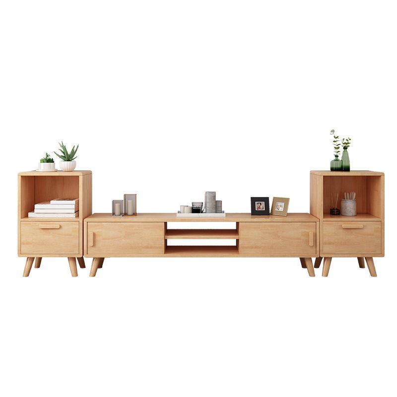 Solid Wood TV Stand in Wood and White , Corner TV Console Sliding Storage