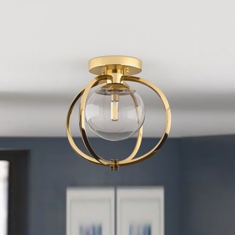1 Bulb Bedroom Ceiling Light Fixture Modern Gold Metal Semi Flush Mount with Globe Clear Glass Shade
