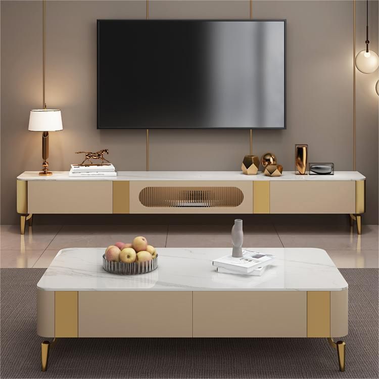 Glam Marble White TV Stand Console Enclosed Storage TV Media Stand for Living Room