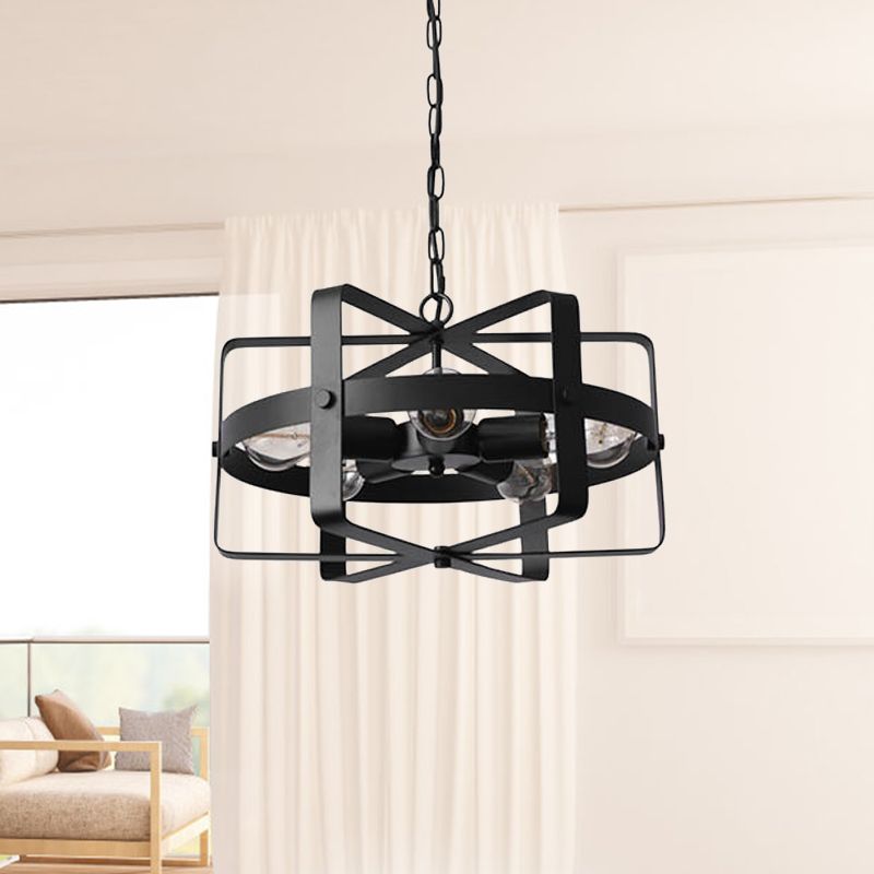 Retro Loft Caged Chandelier Light Fixture 5 Lights Iron Pendant Light in Black for Dining Room