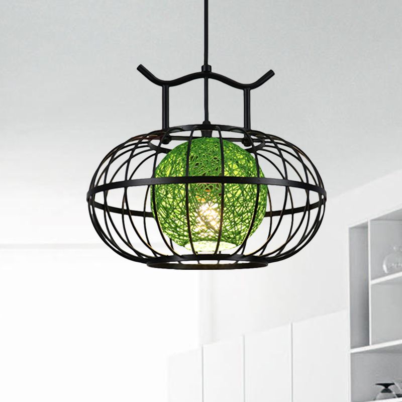 Metal Pumpkin Cage Hanging Pendant Light with Inner Rattan Ball Shade Asian Style 1 Light Suspension Lamp in Red/Yellow