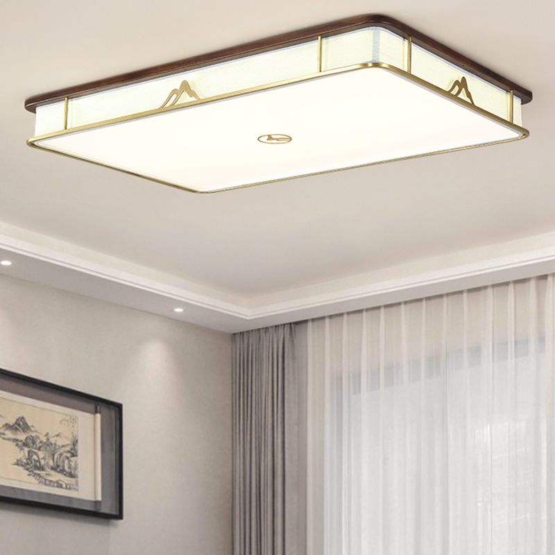 Modern Wood Flush Mount Geometric Shape Ceiling Light with Fabric Shade for Living Room