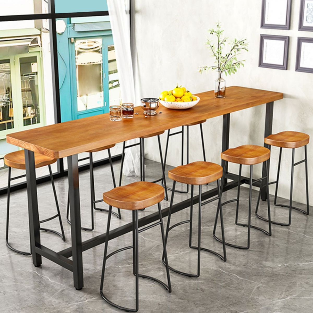 Rectangular Pine Wood Top Bar Table Industrial Bar Table with Trestle Base in Black