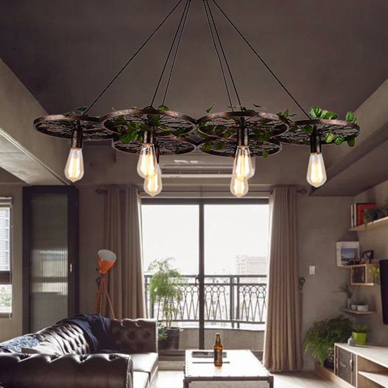 Metal Rust Hanging Chandelier Bare Bulb 6 Lights Industrial LED Pendant Lighting for Restaurant