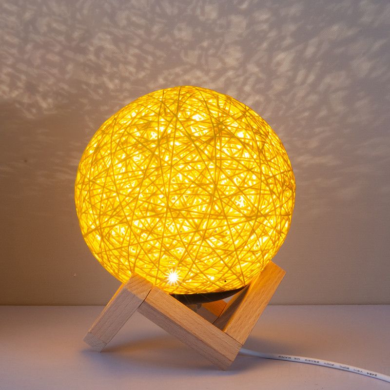 Globe Bamboo Night Lamp Contemporary 1 Light Yellow Finish Table Lighting with Wooden Base