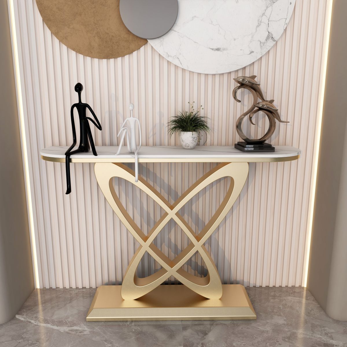 Contemporary Half Moon Console Table with Pedestal Base Accent Table