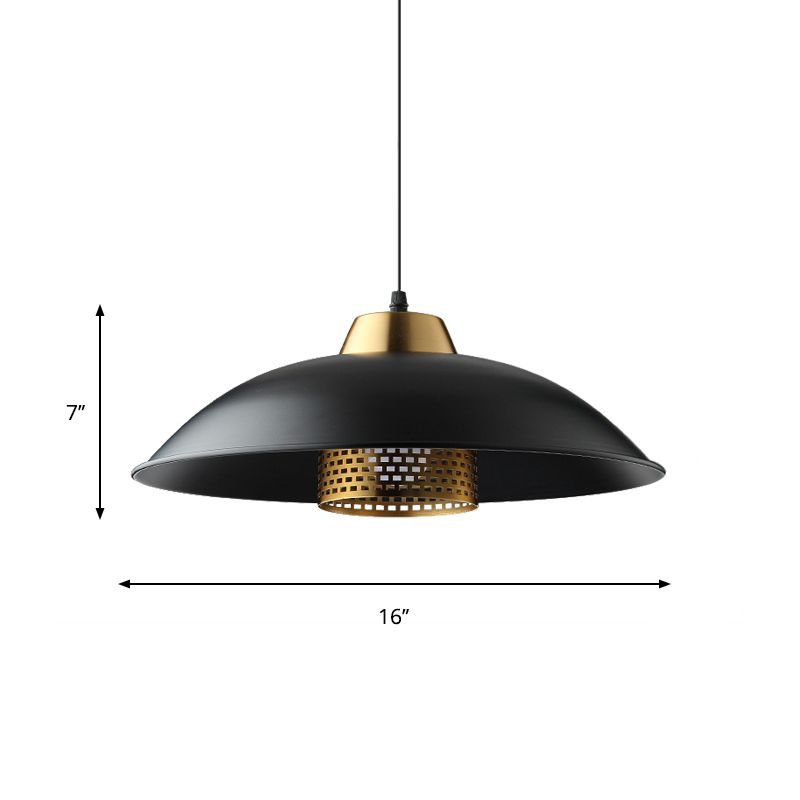 1 Head Shallow Bowl Pendant Factory Style Black Iron Ceiling Hanging Light with Brass Mesh Screen Inside