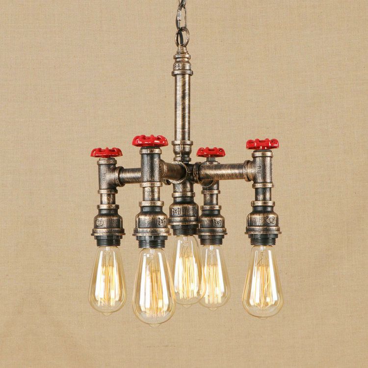 Steampunk Open Bulb Chandelier Lighting with Pipe and Valve 5-Light Iron Hanging Ceiling Fixture in Antique Silver/Bronze