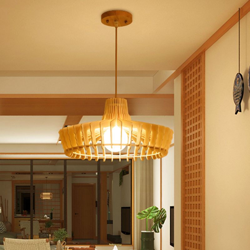 South-East Asia Hat Hanging Lamp Wood 1 Bulb Ceiling Pendant Light in Beige for Restaurant