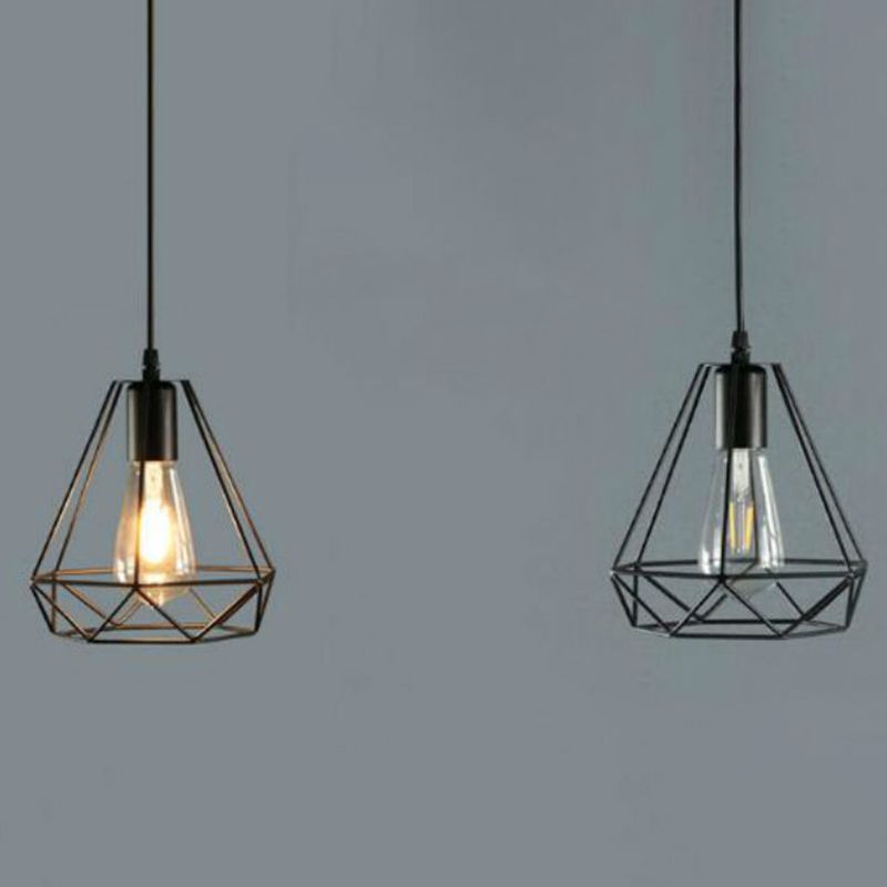 Diamond Shaped Metal Cage Hanging Light Single Bulb Industrial Style Coffee Shop Hallway Pendant Lamp