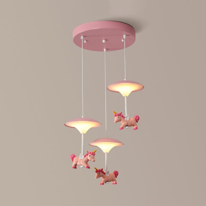 Mushroom Shade Bedroom Multi Pendant Metal LED Kid Ceiling Pendant with Unicorn Deco, Pink